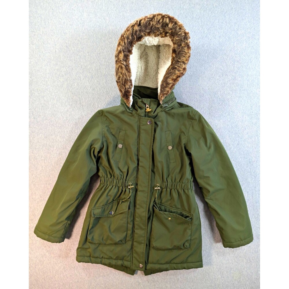 Member's Mark Girls Green Hooded Parka Jacket 10-12 Faux Fur Trim Lined Pockets